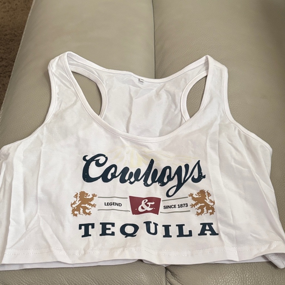 White Crop Top with Cowboys & Tequila Print